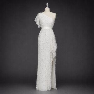 Mac Duggal One Shoulder 3D Floral Sequin High Slit Gown White 93687 - Sz8 - NWT